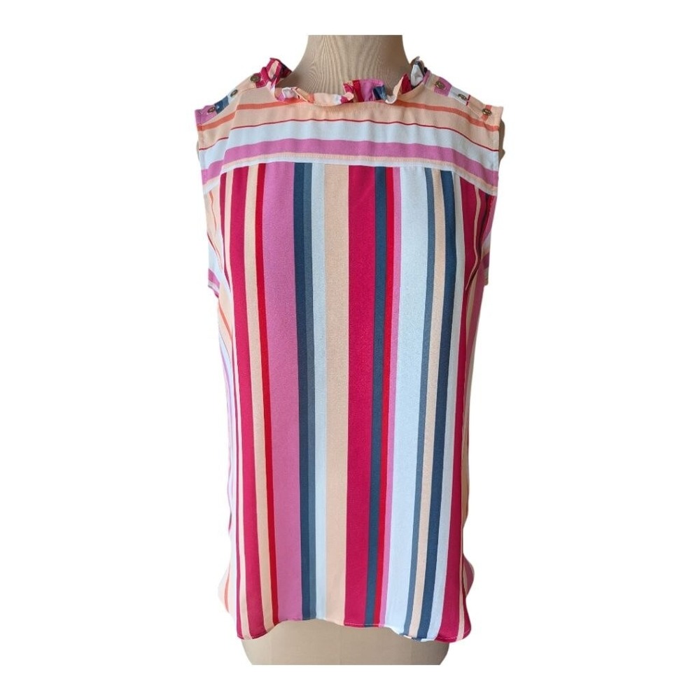 LOFT Multi Color Stripe Ruffle Neck Sleeveless Blouse Womens M Office Mod Retro